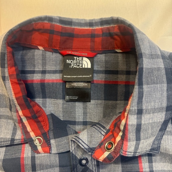 The North Face Men's Short-Sleeve Plaid Button-Down Shirt - Blue, Gray, Red - Picture 2 of 8